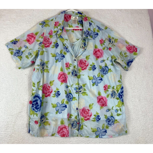 Bobbie Brooks Tops - Bobbie Brooks Woman‎ 100% Cotton Short Sleeve Button Up Shirt Blue Floral 22-24W